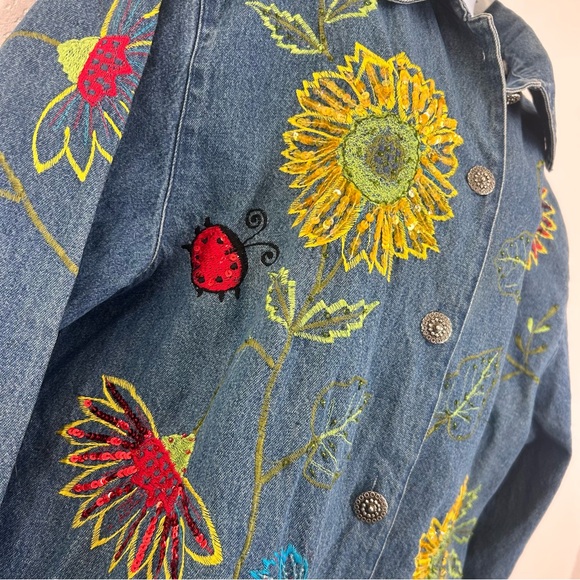Vintage 90s Embroidered Sunflower Ladybug Denim Jacket Size L Blue Cottagecore - Picture 7 of 13
